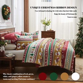 Bonlino Christmas Queen Comforter Set - 4 Pieces Christmas Fluffy Bedding Sets, Farmhouse Christmas Queen Size Bed Comforter with Boho Lightweight Bedding Xmas Red Striped Comforter Set