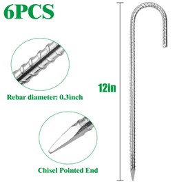 12 Inch Rebar Stakes,6 Packs Heavy Duty Metal J Hook Garden Ground Stakes for Camping Tent Canopy or Supporting for Garden Landscapes Fences Stakes (J Shape-Silver, J-12 x5/16-6pcs)