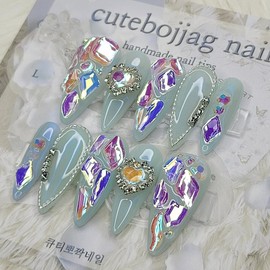 Blue Aurora Handmade Nail Tips - Oval M / 블루 오로라 수제네일팁 - 오벌M