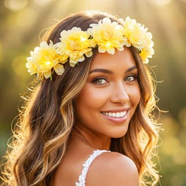 Fashband LED Flower Headbands with Luminous Crown Hair Wreath Festival Headpiece Halloween Party Hair Accessories for Women (Cream)
