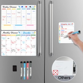 Magnetic Whiteboard Calendar Planner for Fridge, 3pcs Dry Erase Monthly Weekly Daily Planner Stick to Fridge, Meal Shopping List Family Reminders in Kitchen, Magnet Memo White Board 4 Markers & Eraser