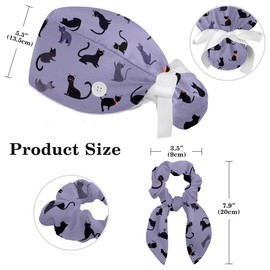 Gorras quirúrgicas para mujer, gorras quirúrgicas con botones, sombrero de enfermera de cola de caballo, gorras de frijol con pelo ajustable, diseño clásico de gatos, lindo y bonito color morado