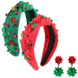 Gmmidea 2PCS Christmas Knotted Headbands for Women Girls Xmas Bow Tree Snowflake Headband Pearl Crystal Embellished Hairband Festive Christmas Hair Accessories with Earrings