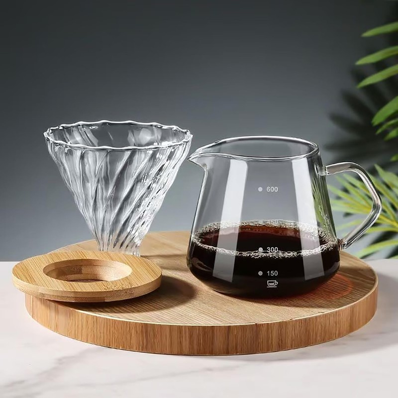 FGIUKC Coffee Server, Heat Resistant Glass, Bamboo Holder, Coffee Dripper