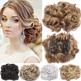Short Messy Curly Dish Hair Bun Extension Easy Stretch hair Combs Clip in Ponytail Extension Scrunchie Chignon Tray Ponytail Hairpieces Light Brown Blonde Highlight