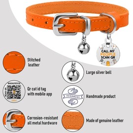 BRONZEDOG Leather Cat Collar with Bell, Non-Tearable, QR Tag for Girls and Boys (Orange and Silver, 23-28 cm)