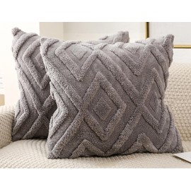 DRNOU Set of 2 Faux Fur Grey Throw Pillow Covers 18x18,Soft Checkborad Pattern Decorative Boho Pillow Cover Case Cushion Cover for Sofa Couch Bed Livingroom Farmhouse,Modern Accent