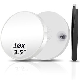WOHOMIBAN 10X Magnifying Mirror, Magnified Mirror 3.5" with Two Suction Cups and Tweezer, Travel Magnifying Mirror Set Comes with Portable Storage Bag, Small Magnifying Mirror for Travel(White)
