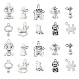 Ornazy 100 pcs 10 Styles Antique Silver Baby Theme Charms Vintage Rocking Horse Baby Bottle Footprint Charms for Jewellery Making Bracelets Necklace