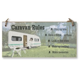 The Plum Penguin Handmade Wooden Hanging Wall Plaque Caravan Rules Stay Up Late Have a Drink Make Memories Fun Camping Adventure Sign