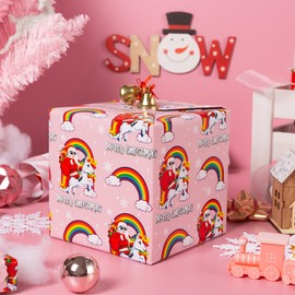 Vnaaem Reversible Christmas Wrapping Paper - Mini Roll - 17 Inches X 33 Feet - for Girls Boys Kids Men Women - Pink Santa Claus and Unicorn Pink and White Stripe Pattern Great for Holiday Birthday, Party, Baby Shower