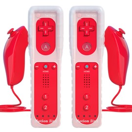 2 Sets Remote Controller for Wii, TechKen Replacement Remote Built-in Motion Plus Controller and Nunchuck (2 Red)
