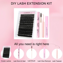 Lash Extension Kit LAUBESS Lash Clusters Kit Cluster Eyelash Extensions Kit Eyelash Clusters Lash Bond and Seal Waterproof Tweezers Brush Lash Glue Remover (Kit 60D/80D-D-Mix8-18(3D)