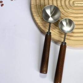 KARLOR Pack of 2 Coffee Spoons Stainless Steel 30 ml + 15 ml Large Measuring Spoon Wooden Handle Kitchen Measuring Spoon with Walnut Handle Scoop Coffee Beans Measuring Spoon for Tea Spices Milk