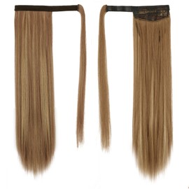BARSDAR Straight Ponytail Extension - 20 Inch Long Straight Wrap Around Ponytail for Women Clip in Ponytail Hair Extensions Synthetic Highlight Hair Pony Tails Hairpieces Daily - Brown & Blonde