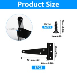 8 Pack 4 Inch T Strap Hinges, Shed Door Gate Hinges, Heavy Duty Black Outdoor Tee Hinge for Wooden Fences, Barn Door Gates Hinge for Shed Door Hardware (8, 4 Inch)