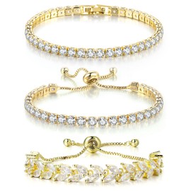 3PCS Tennis Bracelets for Women Set - Stackable Gold & Silver Plated Brass - Round & Marquise Cubic Zirconia - Adjustable & Foldover Clasp - Elegant Jewelry Gift for Her, Mom, Wife, Girlfriend