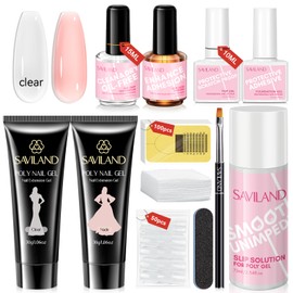 Saviland Poly Gel Nail Kit - Clear Nude Poly Nail Gel with Slip Solution Nail Dehydrator Nail Acid Free PH Bond Base Top Gel Nail Art Tool Dual Foam Nail Foam for Home DIY Nail Salon Manicure