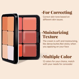 Noerrors 12 Colors Cream Contour Blush Palette, Colour Fix Concealer Foundation Face Sculpting Bronzer Blusher Highlighter Palette Matte Long Wearing Smudge Proof Blendable Makeup with Brush#01