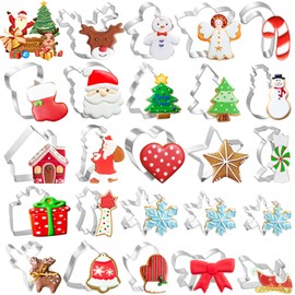 Lezmarket 24Pcs Christmas Cookie Cutters Set, Stainless Steel Metal Winter Holiday Cookie Cutter Christmas Shapes - Snowman, Christmas Tree, Gingerbread, Snowflake, Angel, Bells, Santa Claus, Candy