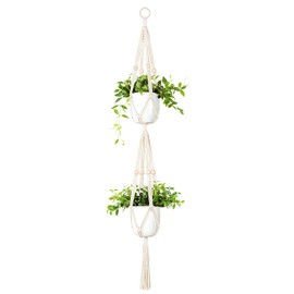 Mkono Macrame Double Plant Hanger Indoor Outdoor 2 Tier Hanging Planter Basket Cotton Rope with Beads 4 Legs 49 Inches