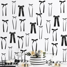 Black Bow Birthday Decorations, 3 Sizes | 45Pcs Black Ribbon Bow Wall Decor, DIY Bows Photo Backdrop for Birthday Baby Shower Bridal Shower Wedding Bachelorette Party Girls Room Bedroom Decor