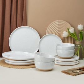 12 Pieces Farmhouse Stoneware Dinnerware Set for 4, Speckled Ceramic Plates and Bowls Set, Matte Terracotta Underside Ceramic Dish Set Scratch Resistant Microwave Dishwasher Safe (Daylight)