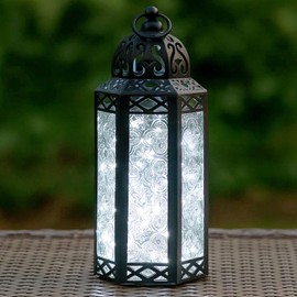 Vela Lanterns Portavelas de Metal marroquí Decorativo con Luces LED para Interior del hogar, centros de Mesa, Patio o Porche al Aire Libre, Bodas, Transparente, Mediano