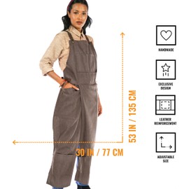 Under NY Sky Pottery Beige Apron - Full Cover Cross-Back, Durable Denim, Leather Reinforcement, Overlapping Split-Leg - Adjustable for Men, Women - Pottery Artist, Ceramics