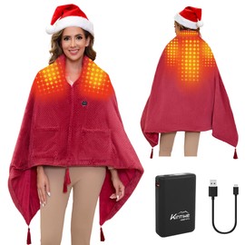 Heated Shawl Blanket Battery Operated, Portable Cordless Heated Throw Ponchol with 4 Heating Areas & 3 Heating Modes,Electric Wearable Heating Blanket for Neck and Shoulders and Back
