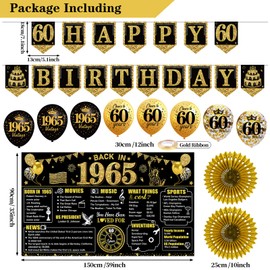 60th Birthday Decorations Kit for Men Women, Black Gold 24PCS Back in 1965 Banner Decorations , Vintage 1965 Banner Wooden Table Sign Poster Hanging Swirl Balloons Papar Fans Cheers to 60 years