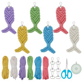 FREEBLOSS 6 Set DIY Fish Macrame Keychain Kit Macrame Kit for Beginners 6 Colors Macrame Keychain Charms for Wallet Car Key Macrame Craft Kits with Video Tutorial for Adults Macrame Gift