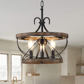 12 Inch Farmhouse Wood Chandelier Light Fixture, 3-Light French Country Rustic Industrial Drum Hanging Pendant Lighting Over Table for Kitchen Island Dining Room Entryway