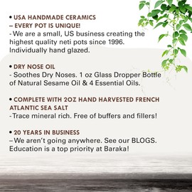 Baraka Sinus Ayurvedic Care Kit - Ceramic Neti Pot (Blue), Perfect for Sinus Relief. (1 oz) Premium Quality Essential Oils and Mineral Salt Rinse (2 oz).