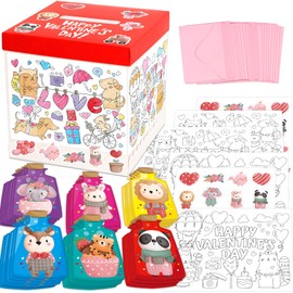WorldBazaar DIY Valentines Day Mailbox for Kids Classroom Exchange Valentine Animal Cards Coloring Mailbox Crafts Valentine’s Day School Activities Game Holiday Party Favors