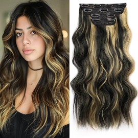 Clip in Synthetic Hair Extensions 22 Inch Long Wavy 4PCS Thick Hairpieces Fiber Double Weft Hair Extensions for Women # Black mix Strawberry Blonde