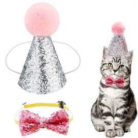 Christmas Pet Party Jazz Hat and Blingbling Bow Tie Breakaway Collar Set, Adjustable Headband for Kitten Puppy Small Dogs Cats (01 Pink)