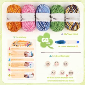 Aeeque Worry Worms Crochet Set, Lucky Worms Crochet Set with 60 Pieces Wooden Heads 20 mm, 250 g Crochet Yarn, 3.5 mm Crochet Hook, DIY Crochet Set with Instructions (English language not guaranteed),