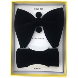 Justar Mens Pre-Tied Oversized Bow Tie Tuxedo Velvet Bowtie Cufflinks Hankie Combo Sets (Black)