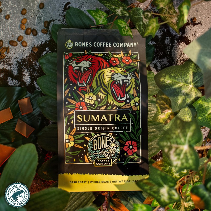 Bones Coffee Company Sumatra Single-Origin, Dark Chocolate, Smoky Earthy Notes,