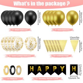 OSDUE Happy Birthday Banner, 16 Pack Happy Birthday bunting Banner Balloons, Black Gold Happy Birthday Decorations, with 3 Ribbons for Girl and Women Birthday Party Decoration