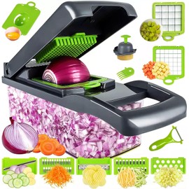 16-in-1 Vegetable Chopper and Slicer Set, Multi-Blade Kitchen Mandoline with Dicer, Grater, Julienne Blades, Gray/Green