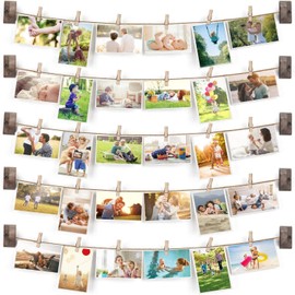 Emfogo Pictures Wall Decor, Wood Hanging Photo Display DIY Decor 5 Strings with 30 Clips, Adjustable Twines fit Multi Photo Wall Display Organizer 35 x 35 inch