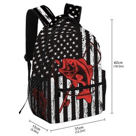 DOINBEE American Flag Bass Backpack, Funny Red Fish Bass Fishing Lure School Backpack for Kids Boys Girls Teens, Black and White Bookbag Laptop Bags Lightweight Hiking Travel Casual Daypack