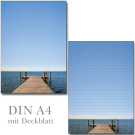 Lake View Writing Pad Folder - 1 Writing Pad Lined DIN A4 + 15 Envelopes DIN Long + 2 Postcards Block Set Sea View