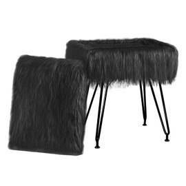 MOOWIND Vanity Stool Chair with Storage, Soft Ottoman Seat Vanity Stool with Anti-Slip Feet, Fluffy Padded Seat Multifunctional Footrest Side Table with 4 Metal Legs for Makeup, Bedroom, Black/Black