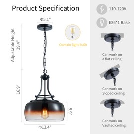 WUZUPS Chandelier Rustic Farmhouse Industrial Round Ceiling Pendant LED Light Fixture with Amber Gradient Black Glass Shades for Dining Room Kitchen Island Foyer Entryway, H 17" x W 13.4", E26 Base