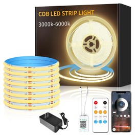 Yeewhale DC 24V Dimmable 16.4ft COB LED Strip Lights 3000K Warm White Flexible LED Tape Light for Bedroom, with remote and app control LED Tape Lights for DIY Home Decoration rooms,cabinets,stairs