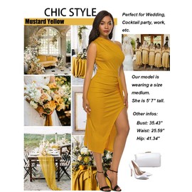 Nature Comfy LilyIn Womens Elegant one Shoulder Sleeveless Ruched High Slit Solid Color Cocktail Party Dresses (Mustard Yellow, Large)