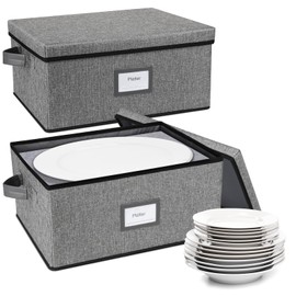 Platter Storage Case（2-Pack）,Stackable Plate Storage Containers, 17“ x 13” x 8.2” China Storage Containers Hard Shell with 6 Felt Dividers, Linen Grey